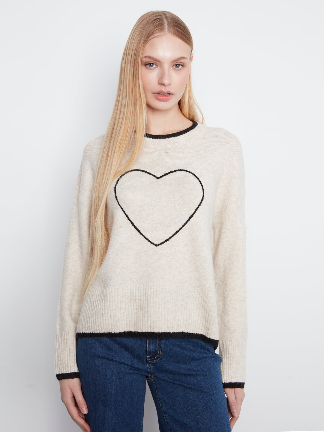 Long Sleeve Drop Shoulder Mock Neck Sweater With Embroidery Detail