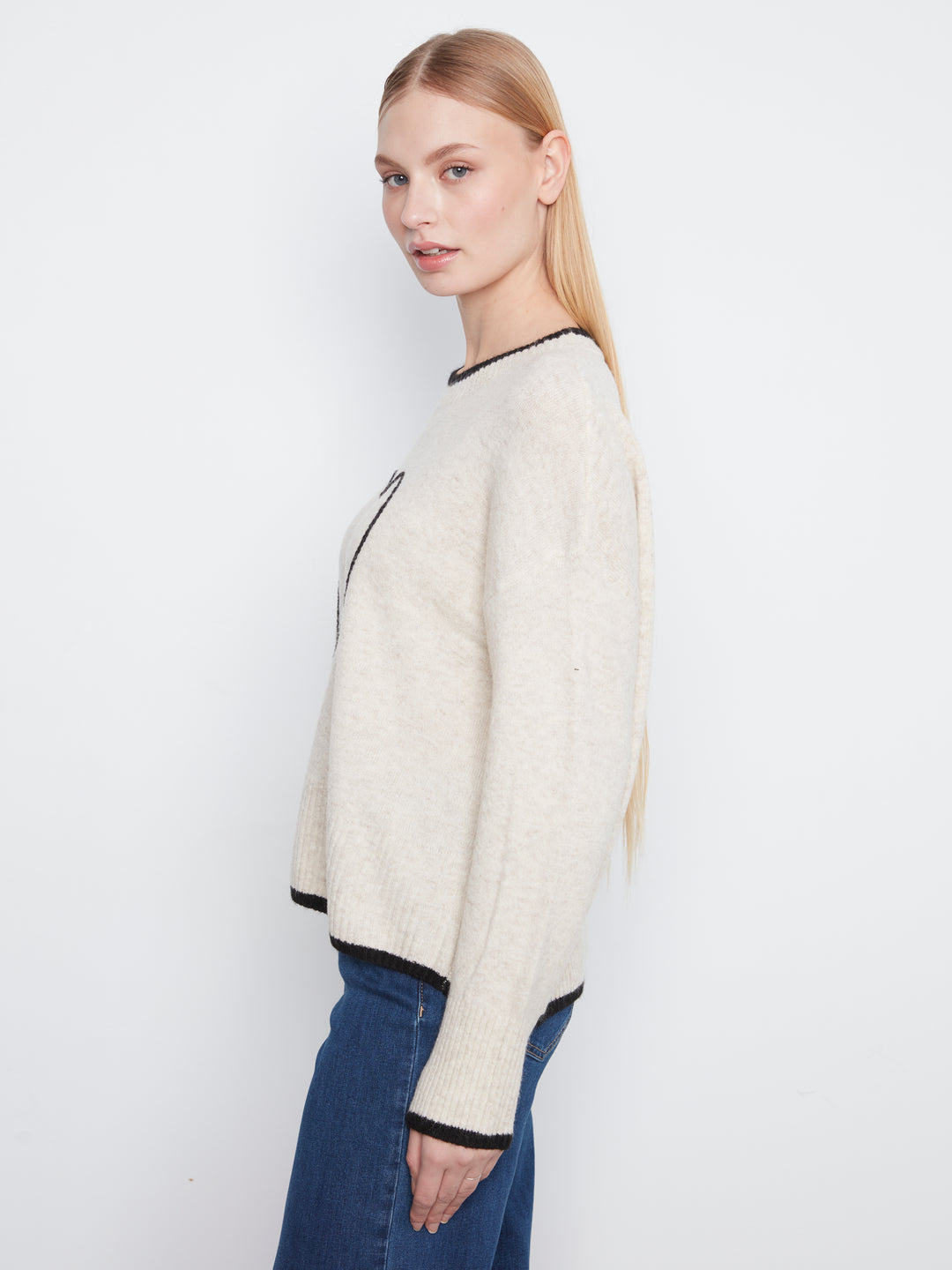 Long Sleeve Drop Shoulder Mock Neck Sweater With Embroidery Detail