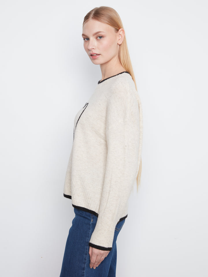 Long Sleeve Drop Shoulder Mock Neck Sweater With Embroidery Detail