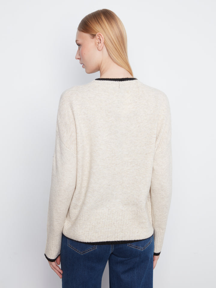 Long Sleeve Drop Shoulder Mock Neck Sweater With Embroidery Detail