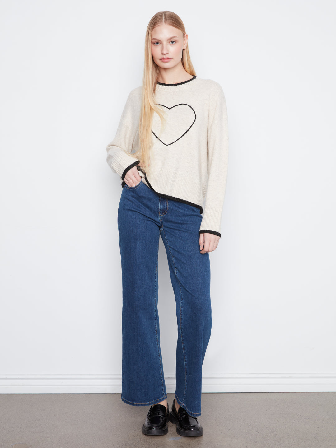 Long Sleeve Drop Shoulder Mock Neck Sweater With Embroidery Detail