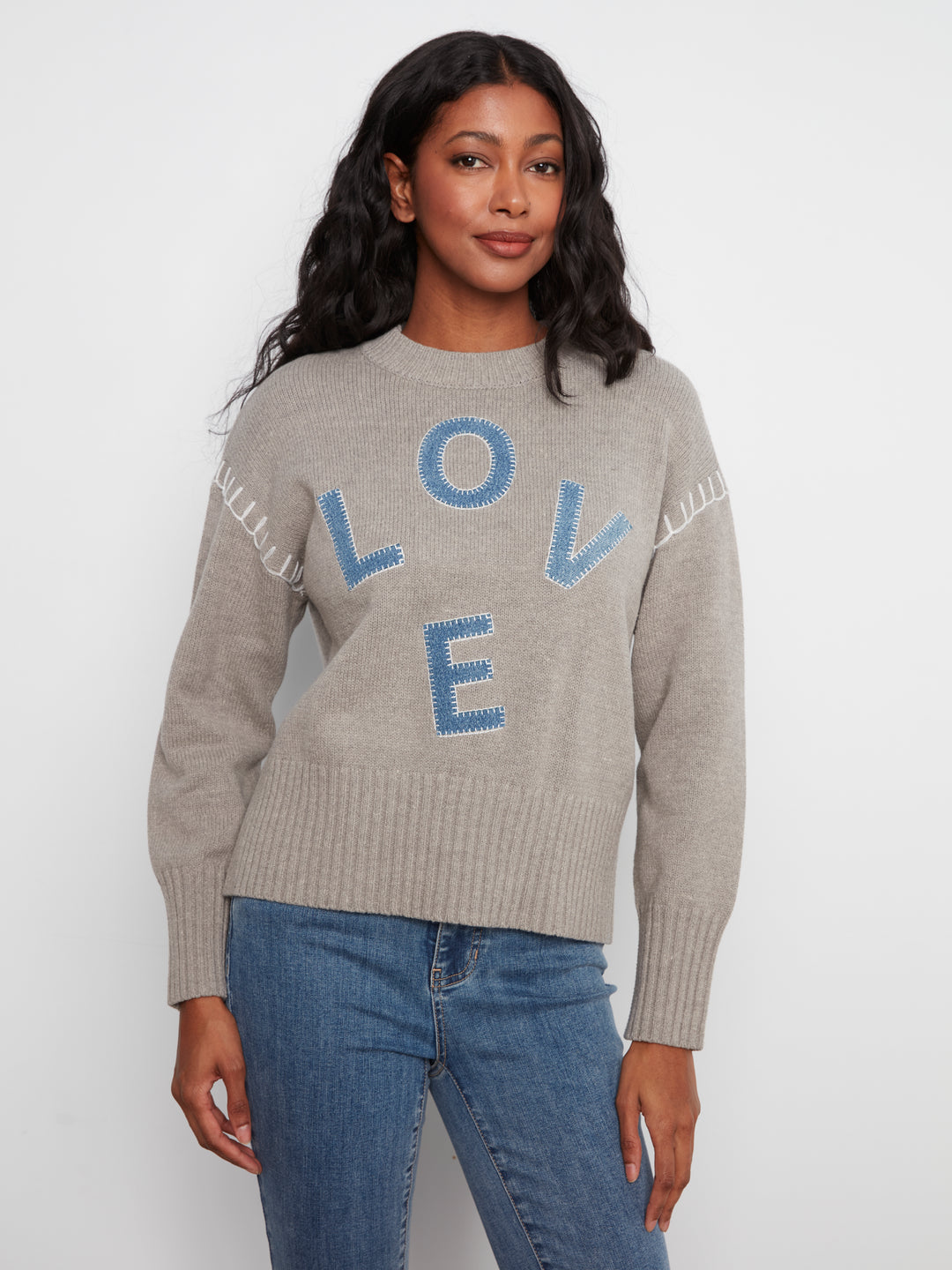 Long Sleeve Drop Shoulder Mock Neck Sweater With Denim Patches
