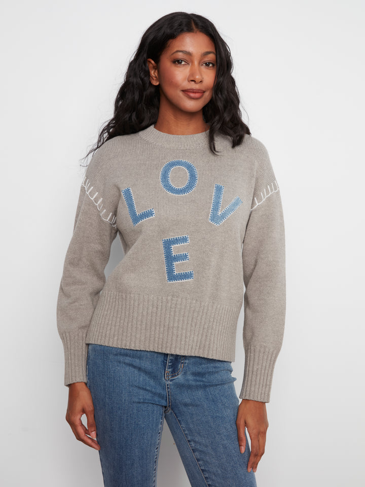 Long Sleeve Drop Shoulder Mock Neck Sweater With Denim Patches