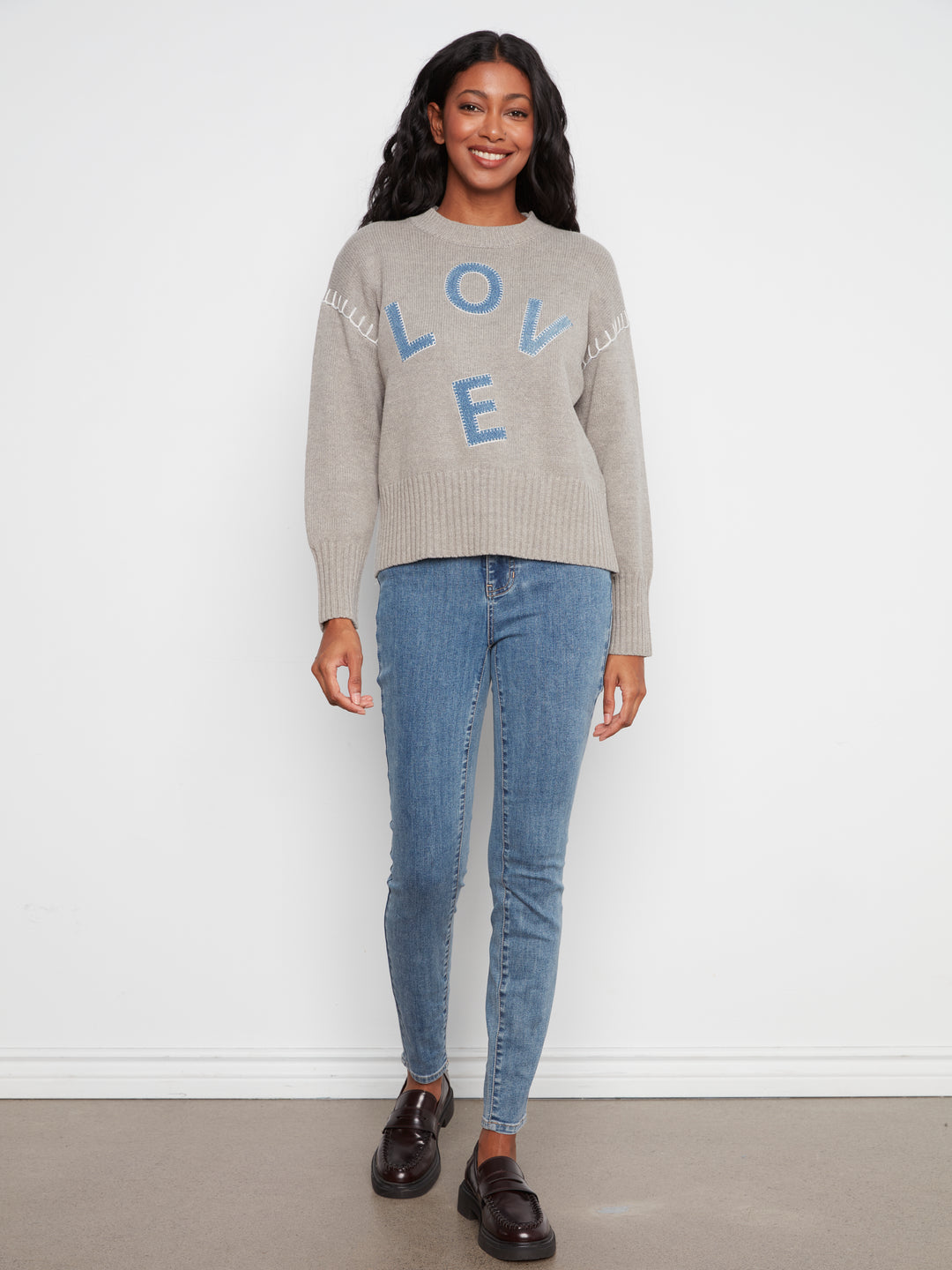 Long Sleeve Drop Shoulder Mock Neck Sweater With Denim Patches