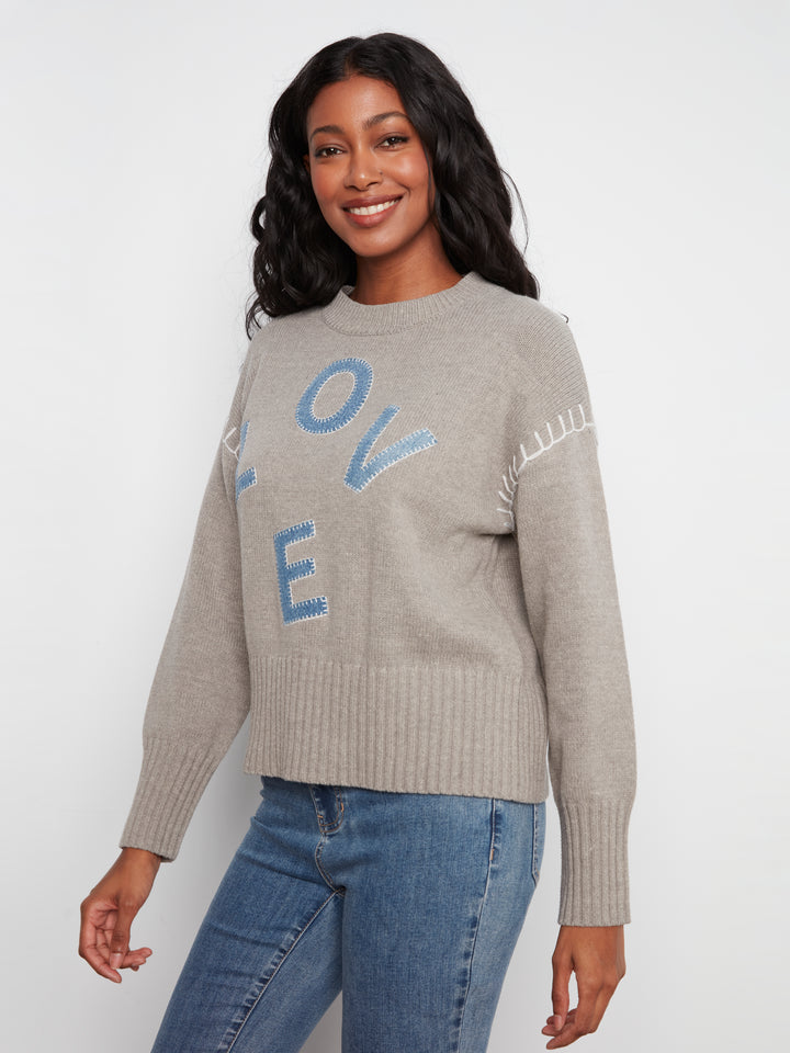 Long Sleeve Drop Shoulder Mock Neck Sweater With Denim Patches