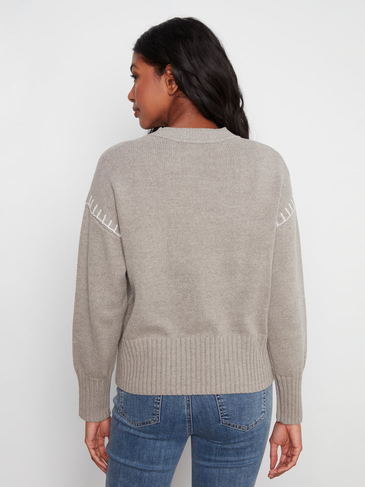 Long Sleeve Drop Shoulder Mock Neck Sweater With Denim Patches