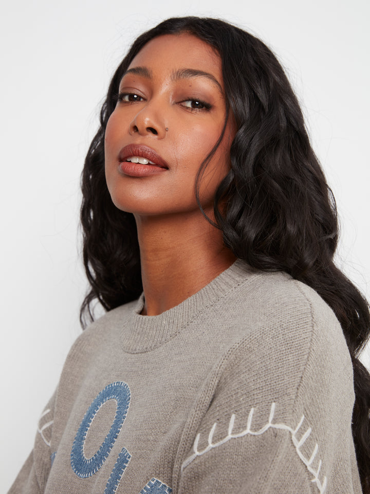 Long Sleeve Drop Shoulder Mock Neck Sweater With Denim Patches