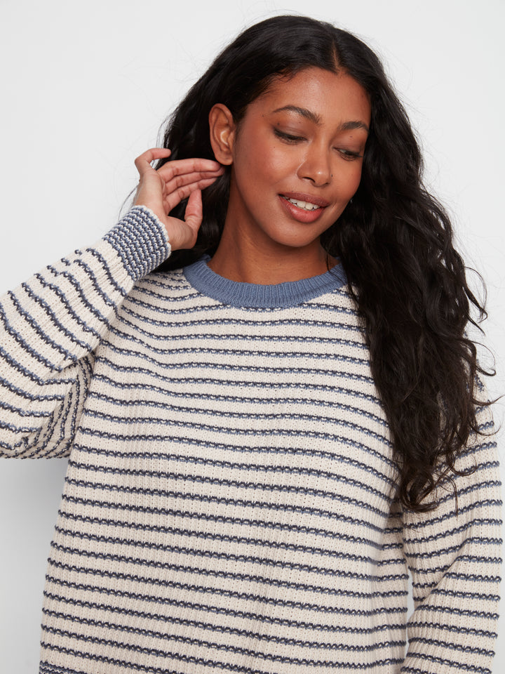 Long Sleeve Drop Shoulder Yarn Dye Striped Crew Neck Sweater