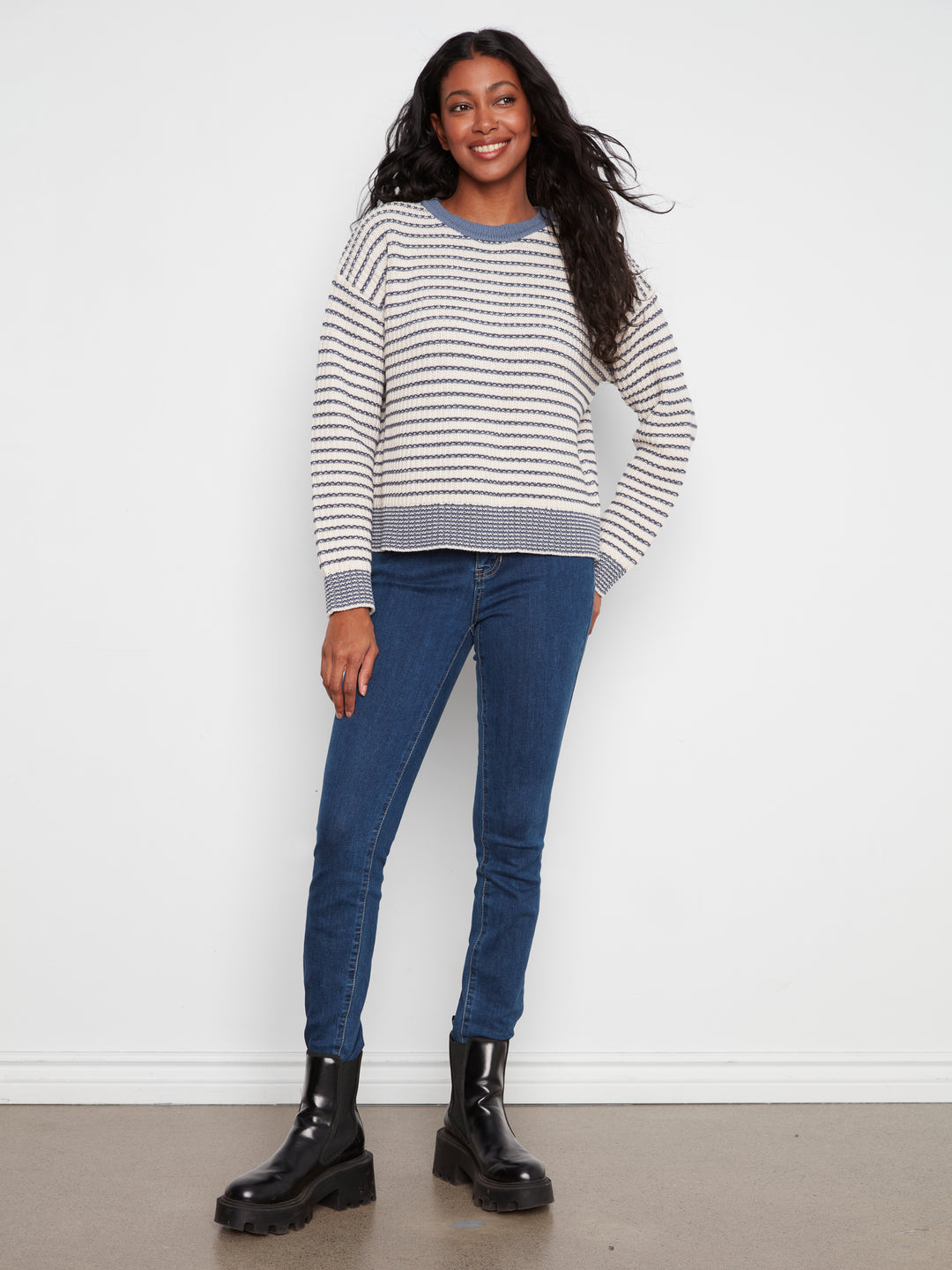 Long Sleeve Drop Shoulder Yarn Dye Striped Crew Neck Sweater