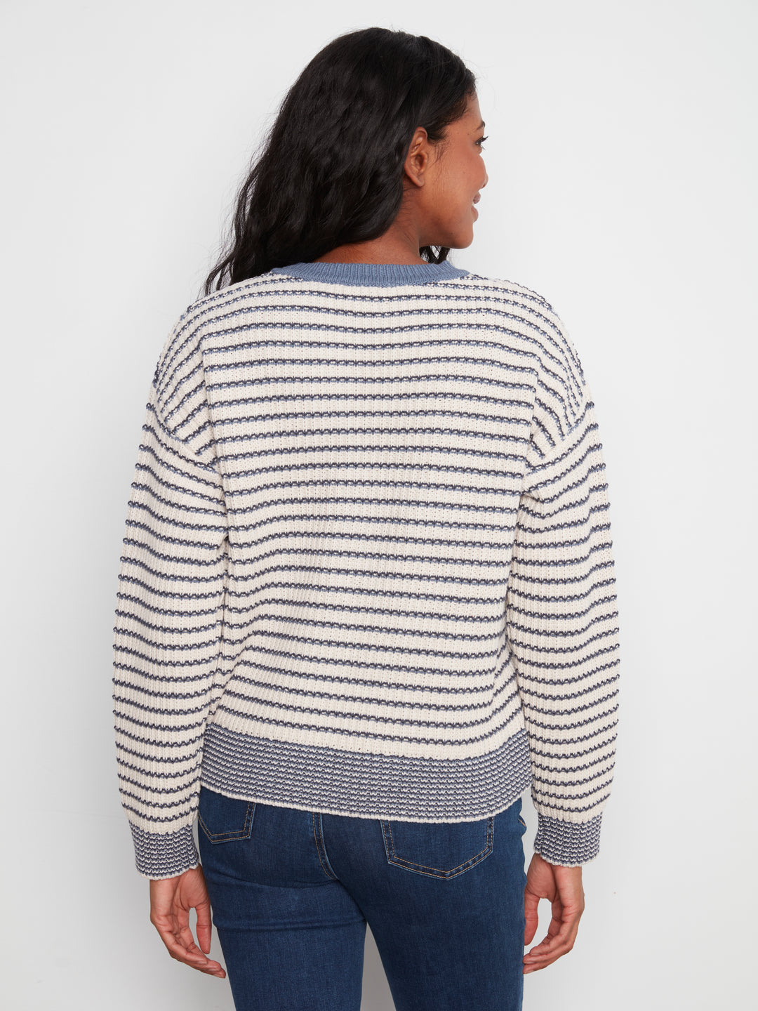 Long Sleeve Drop Shoulder Yarn Dye Striped Crew Neck Sweater
