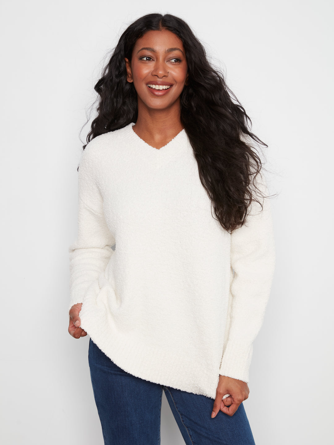 Long Sleeve Drop Shoulder V-Neck Sweater In Soft Yarn