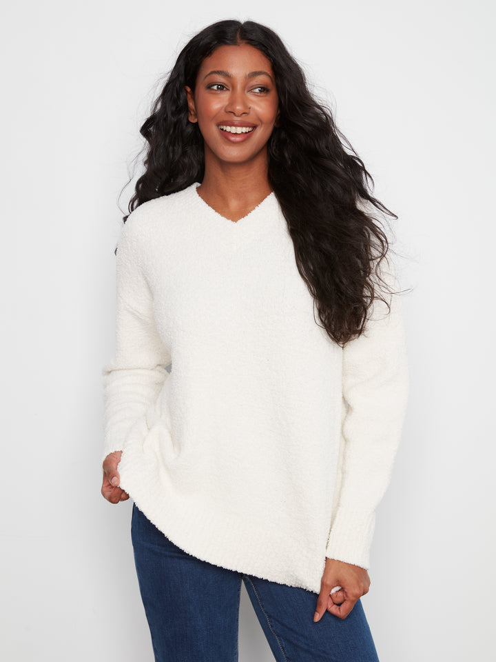 Long Sleeve Drop Shoulder V-Neck Sweater In Soft Yarn