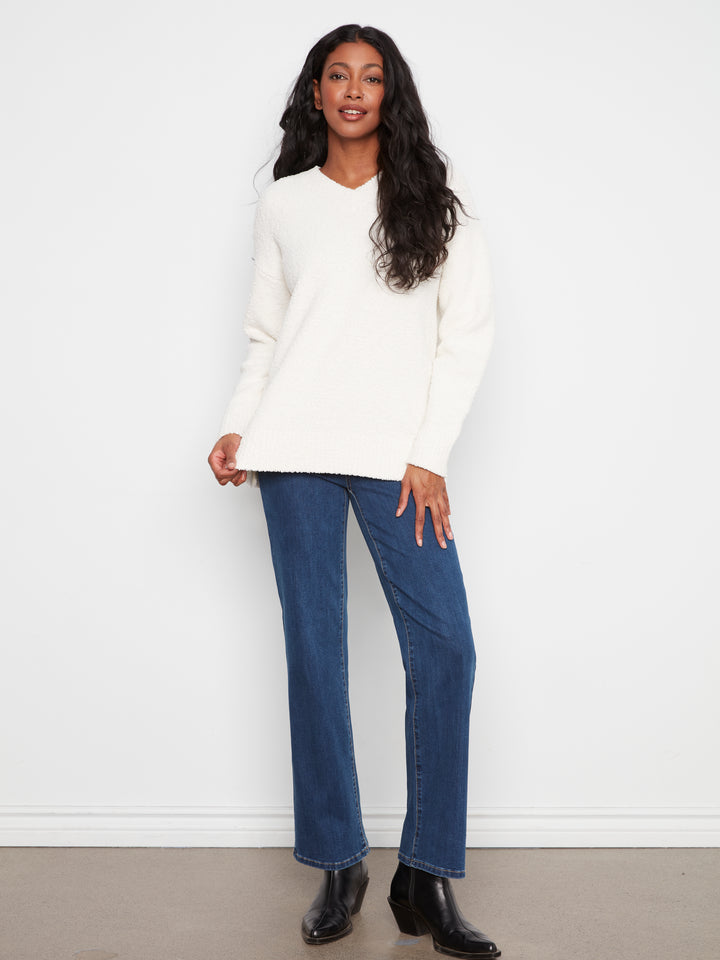 Long Sleeve Drop Shoulder V-Neck Sweater In Soft Yarn