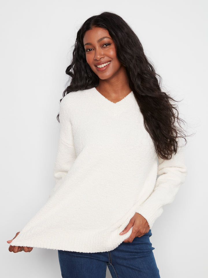 Long Sleeve Drop Shoulder V-Neck Sweater In Soft Yarn