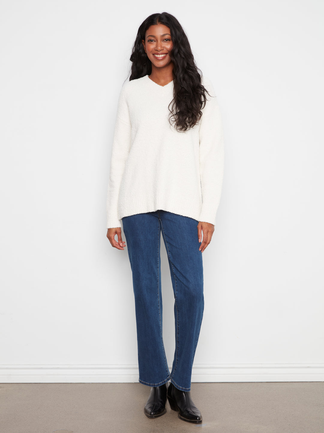 Long Sleeve Drop Shoulder V-Neck Sweater In Soft Yarn