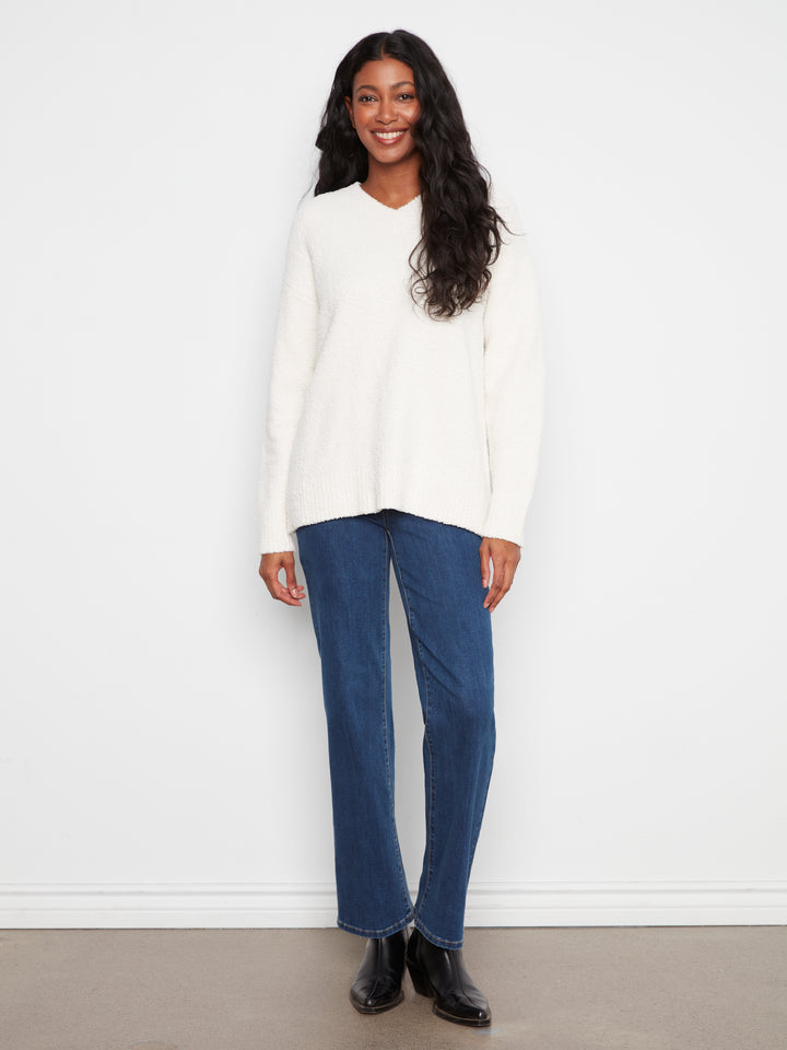 Long Sleeve Drop Shoulder V-Neck Sweater In Soft Yarn