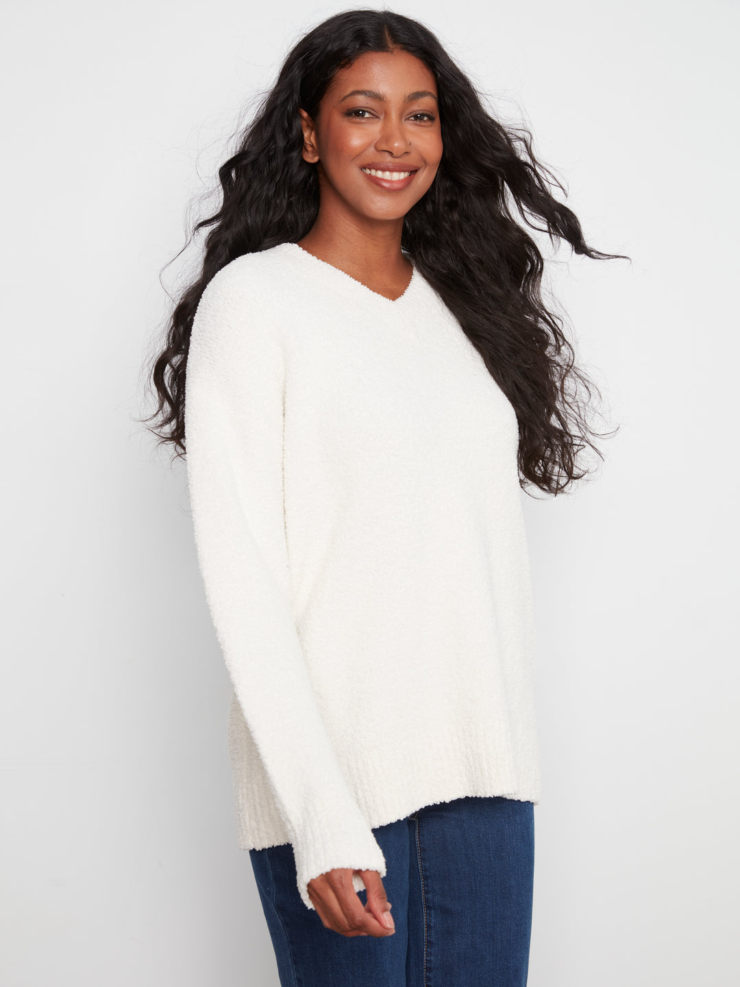 Long Sleeve Drop Shoulder V-Neck Sweater In Soft Yarn