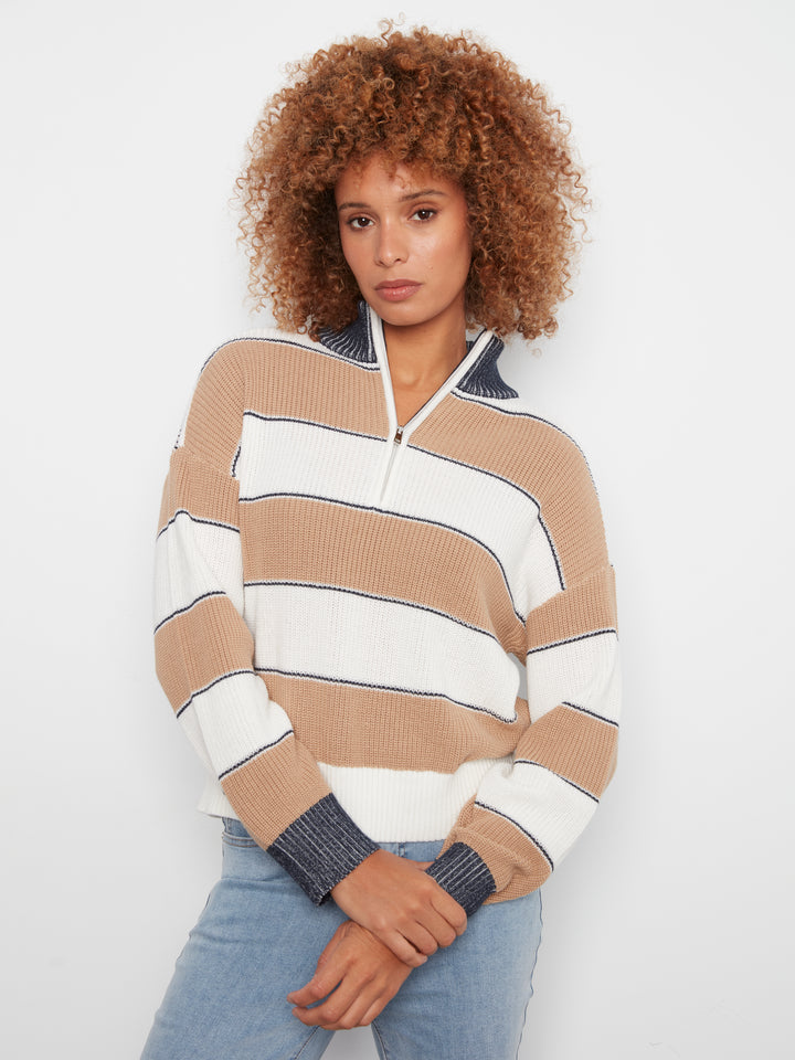 Long Sleeve Drop Shoulder Zipped Mock Neck Striped Sweater