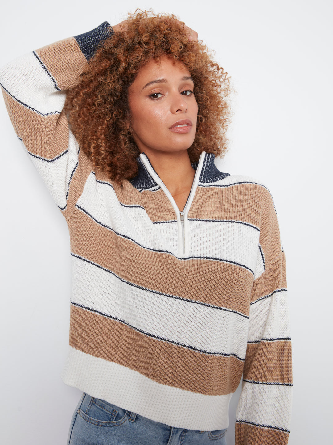 Long Sleeve Drop Shoulder Zipped Mock Neck Striped Sweater