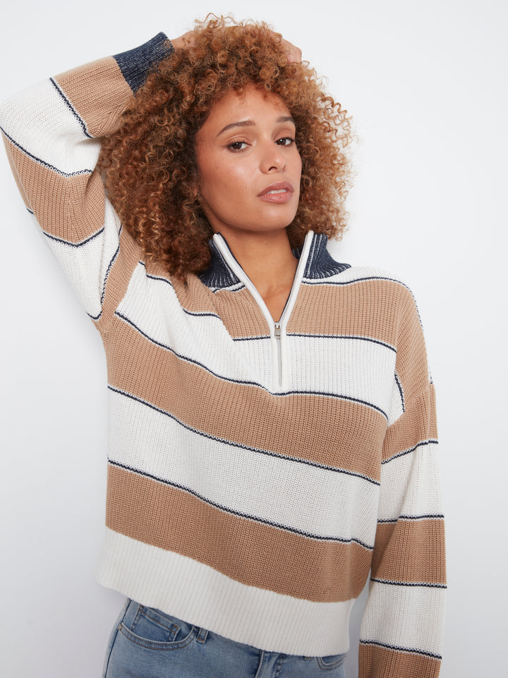Long Sleeve Drop Shoulder Zipped Mock Neck Striped Sweater