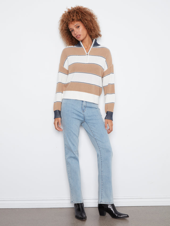 Long Sleeve Drop Shoulder Zipped Mock Neck Striped Sweater