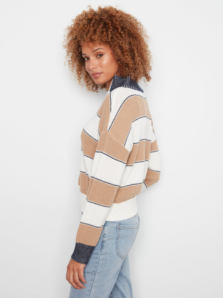 Long Sleeve Drop Shoulder Zipped Mock Neck Striped Sweater