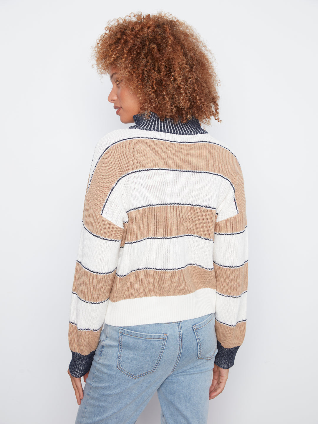 Long Sleeve Drop Shoulder Zipped Mock Neck Striped Sweater