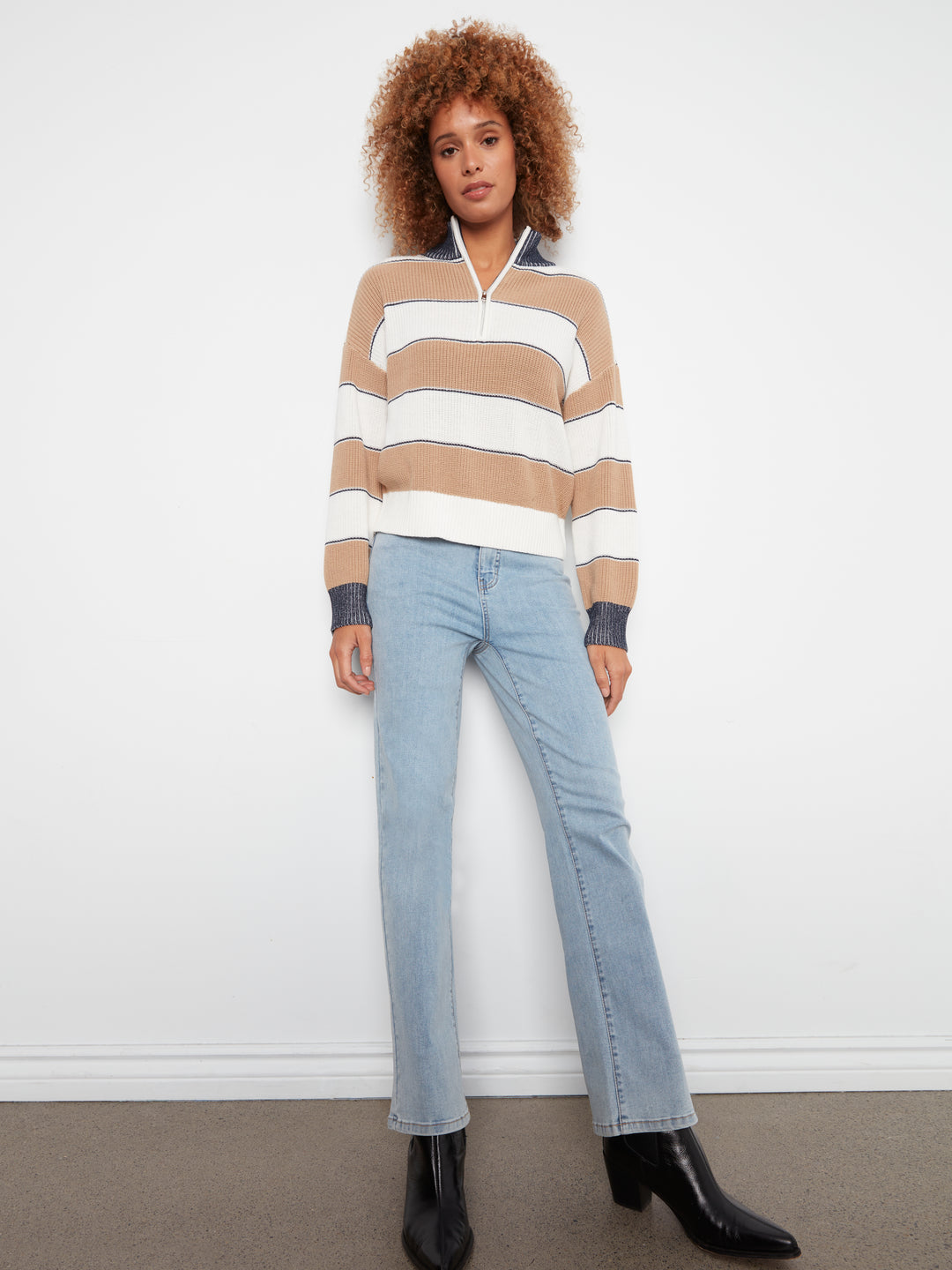 Long Sleeve Drop Shoulder Zipped Mock Neck Striped Sweater