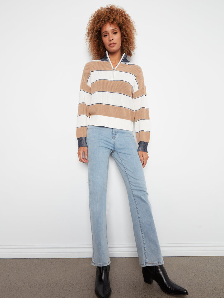 Long Sleeve Drop Shoulder Zipped Mock Neck Striped Sweater