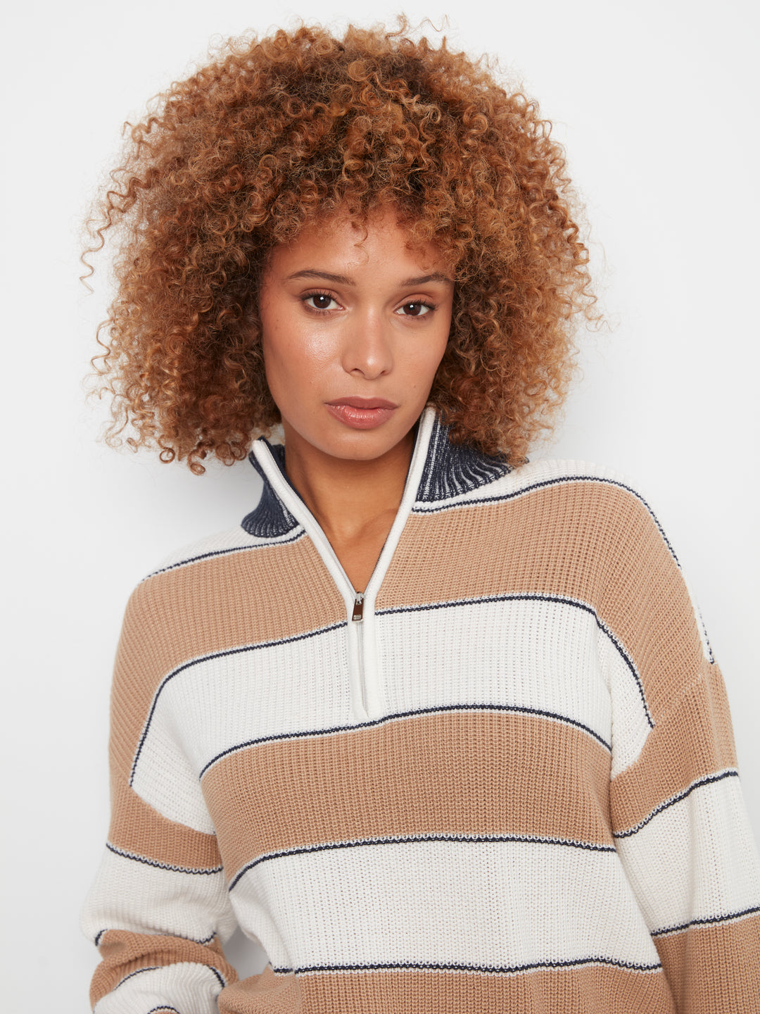 Long Sleeve Drop Shoulder Zipped Mock Neck Striped Sweater