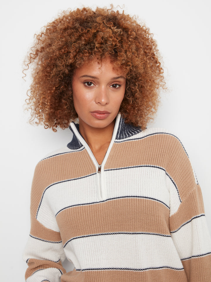 Long Sleeve Drop Shoulder Zipped Mock Neck Striped Sweater