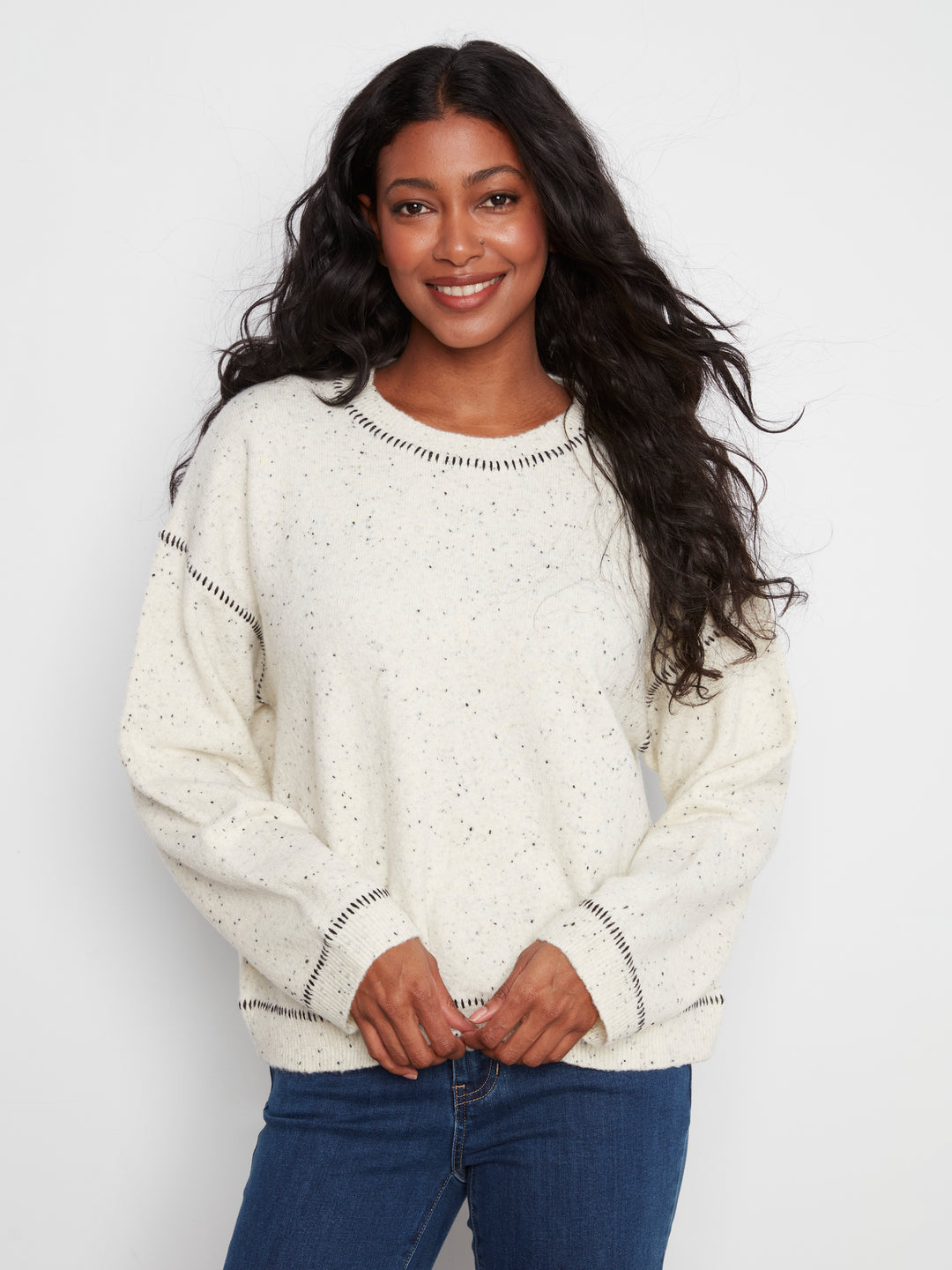Long Sleeve Drop Shoulder Crew Neck Sweater With Whipstitch Detail
