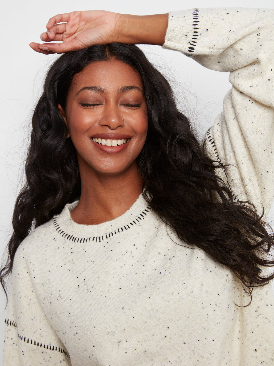 Long Sleeve Drop Shoulder Crew Neck Sweater With Whipstitch Detail