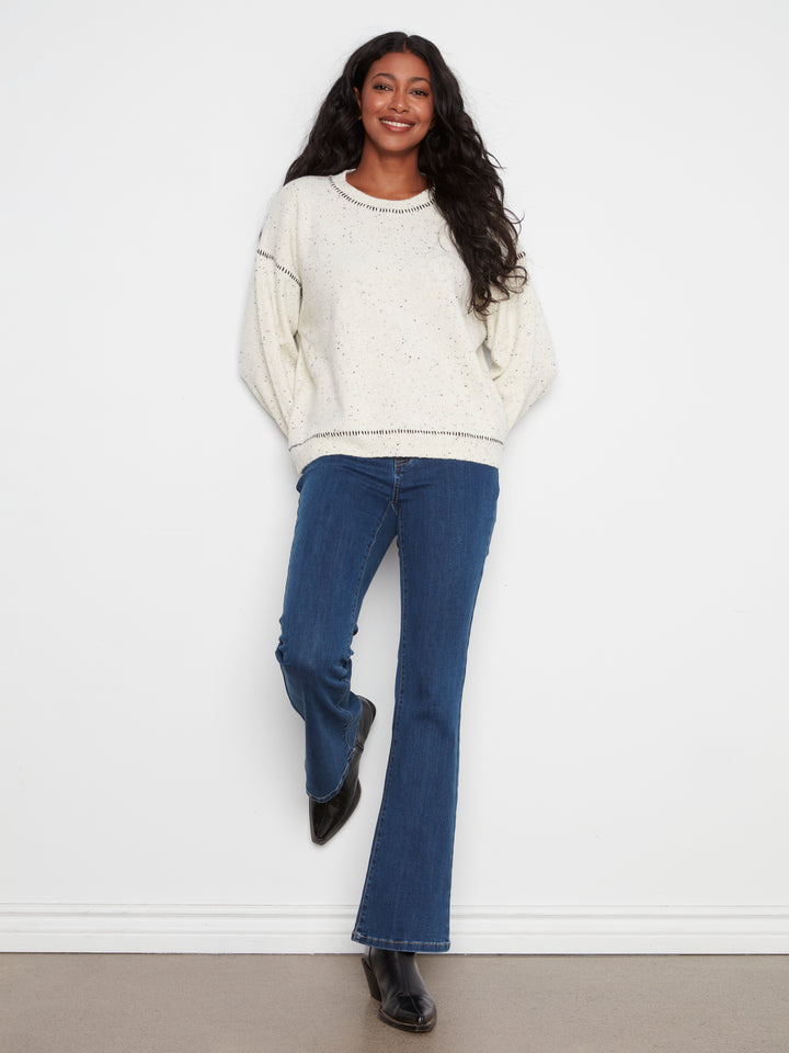Long Sleeve Drop Shoulder Crew Neck Sweater With Whipstitch Detail