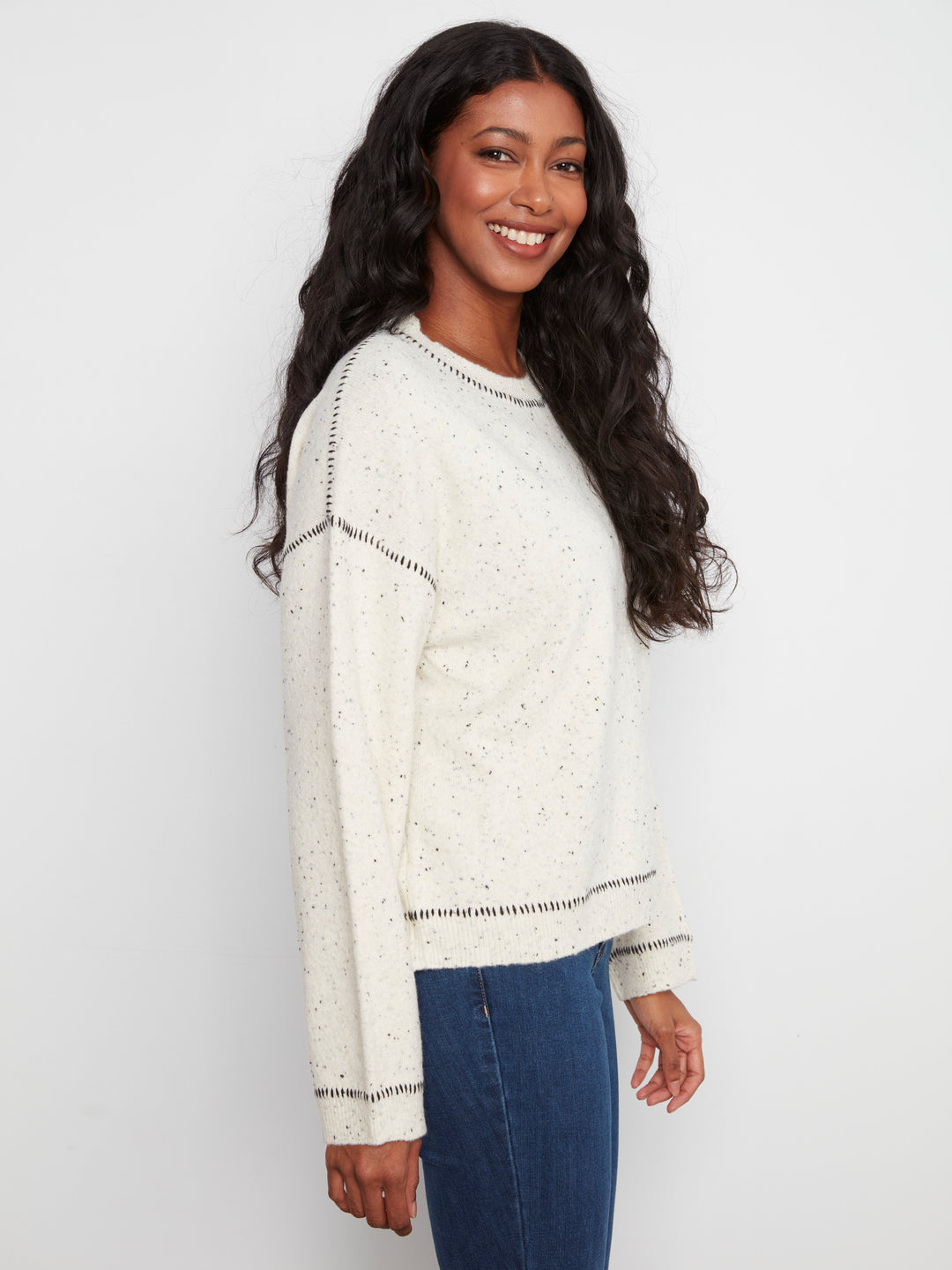 Long Sleeve Drop Shoulder Crew Neck Sweater With Whipstitch Detail