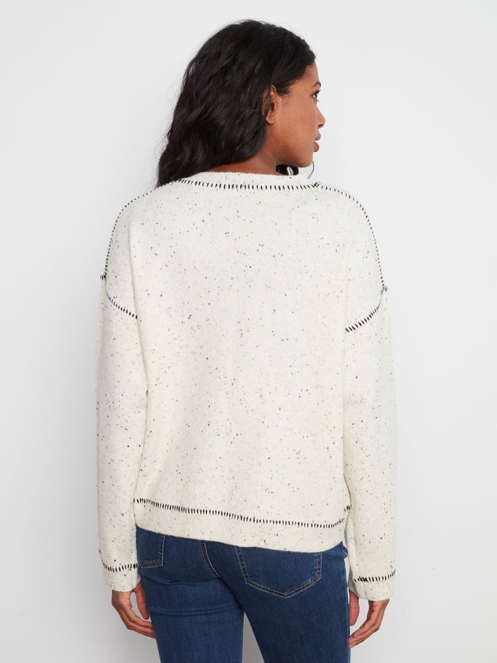 Long Sleeve Drop Shoulder Crew Neck Sweater With Whipstitch Detail