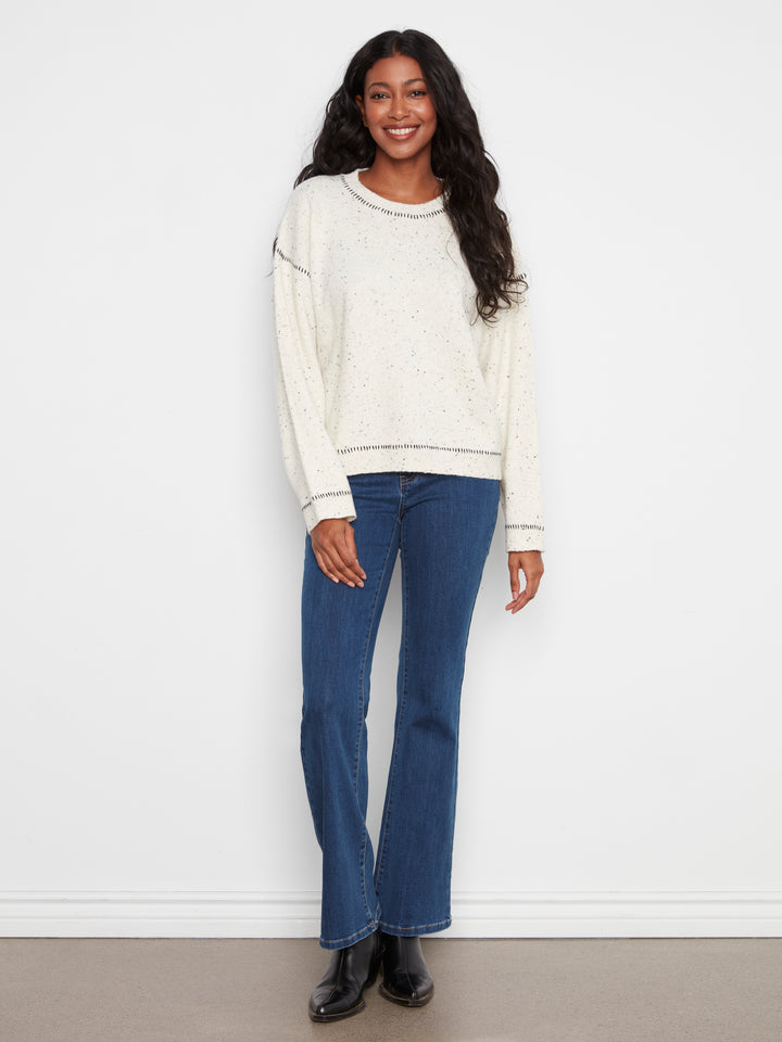Long Sleeve Drop Shoulder Crew Neck Sweater With Whipstitch Detail