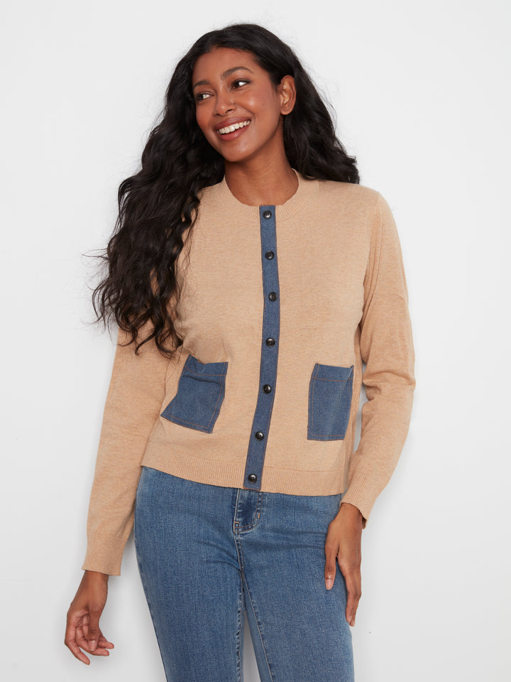Long Sleeve Crew Neck Sweater With Denim Pockets & Fake Placket