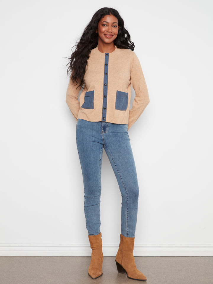 Long Sleeve Crew Neck Sweater With Denim Pockets & Fake Placket