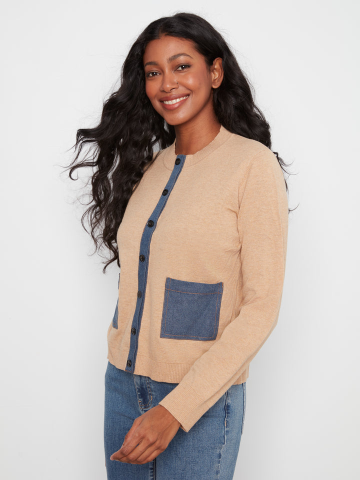 Long Sleeve Crew Neck Sweater With Denim Pockets & Fake Placket