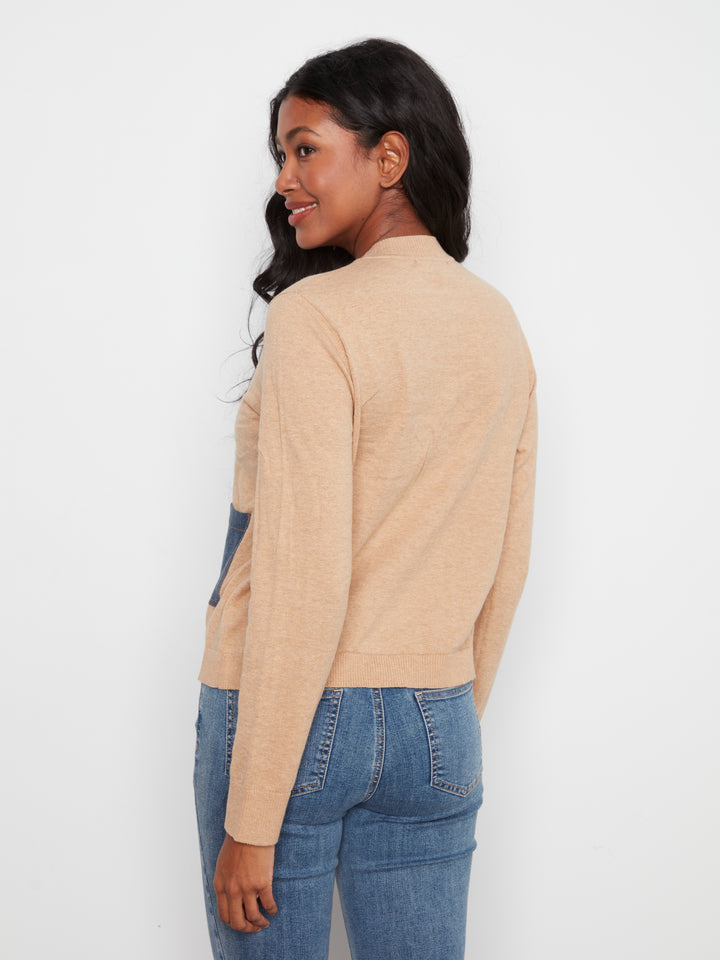 Long Sleeve Crew Neck Sweater With Denim Pockets & Fake Placket