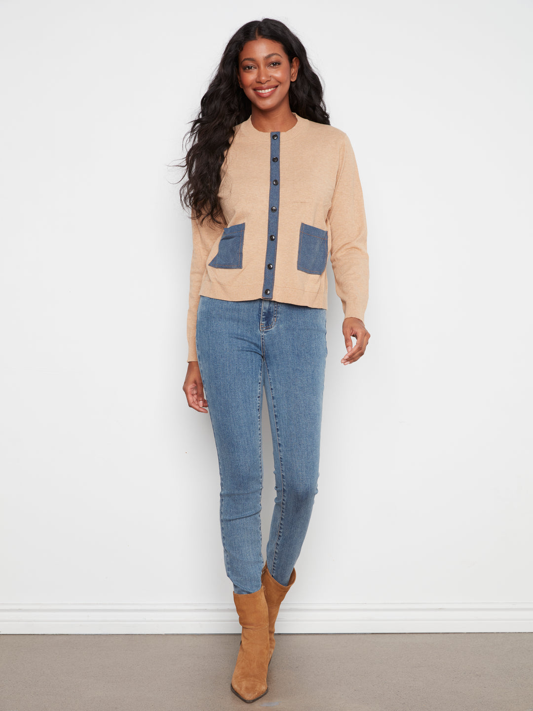 Long Sleeve Crew Neck Sweater With Denim Pockets & Fake Placket