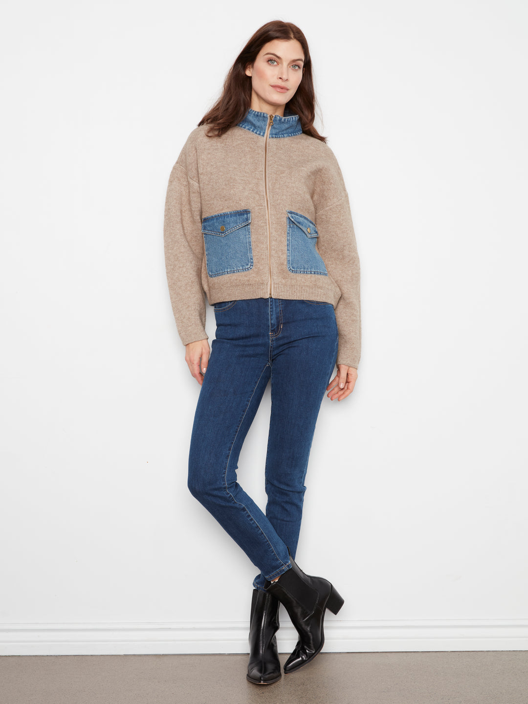 Long Sleeve Zipped Sweater Jacket With Denim Pockets & Collar