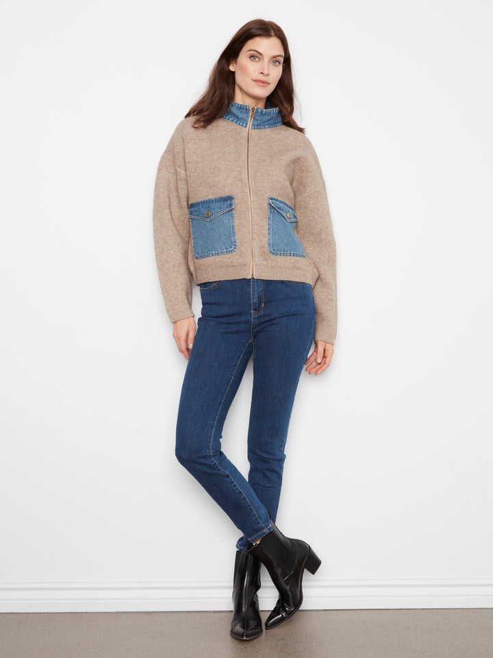 Long Sleeve Zipped Sweater Jacket With Denim Pockets & Collar