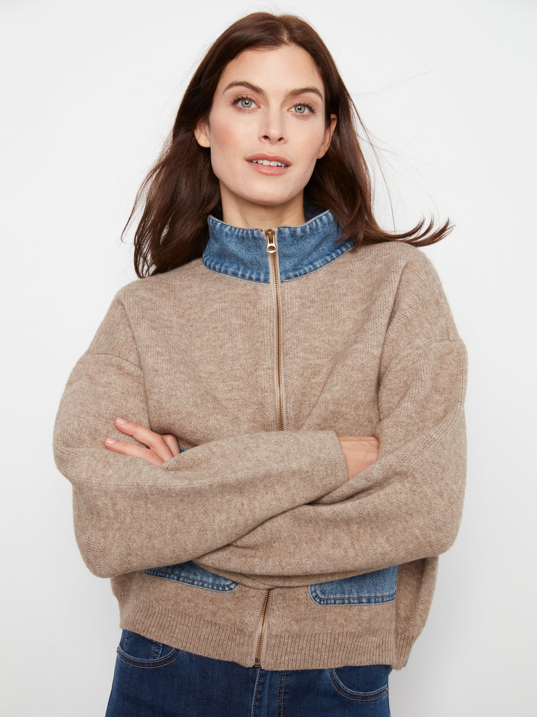 Long Sleeve Zipped Sweater Jacket With Denim Pockets & Collar