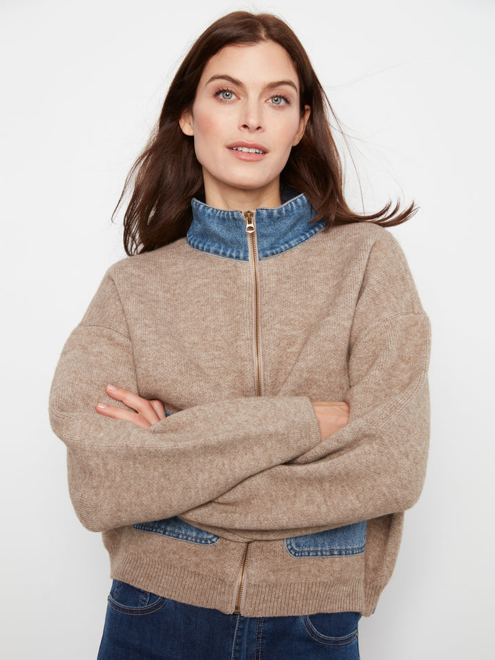 Long Sleeve Zipped Sweater Jacket With Denim Pockets & Collar