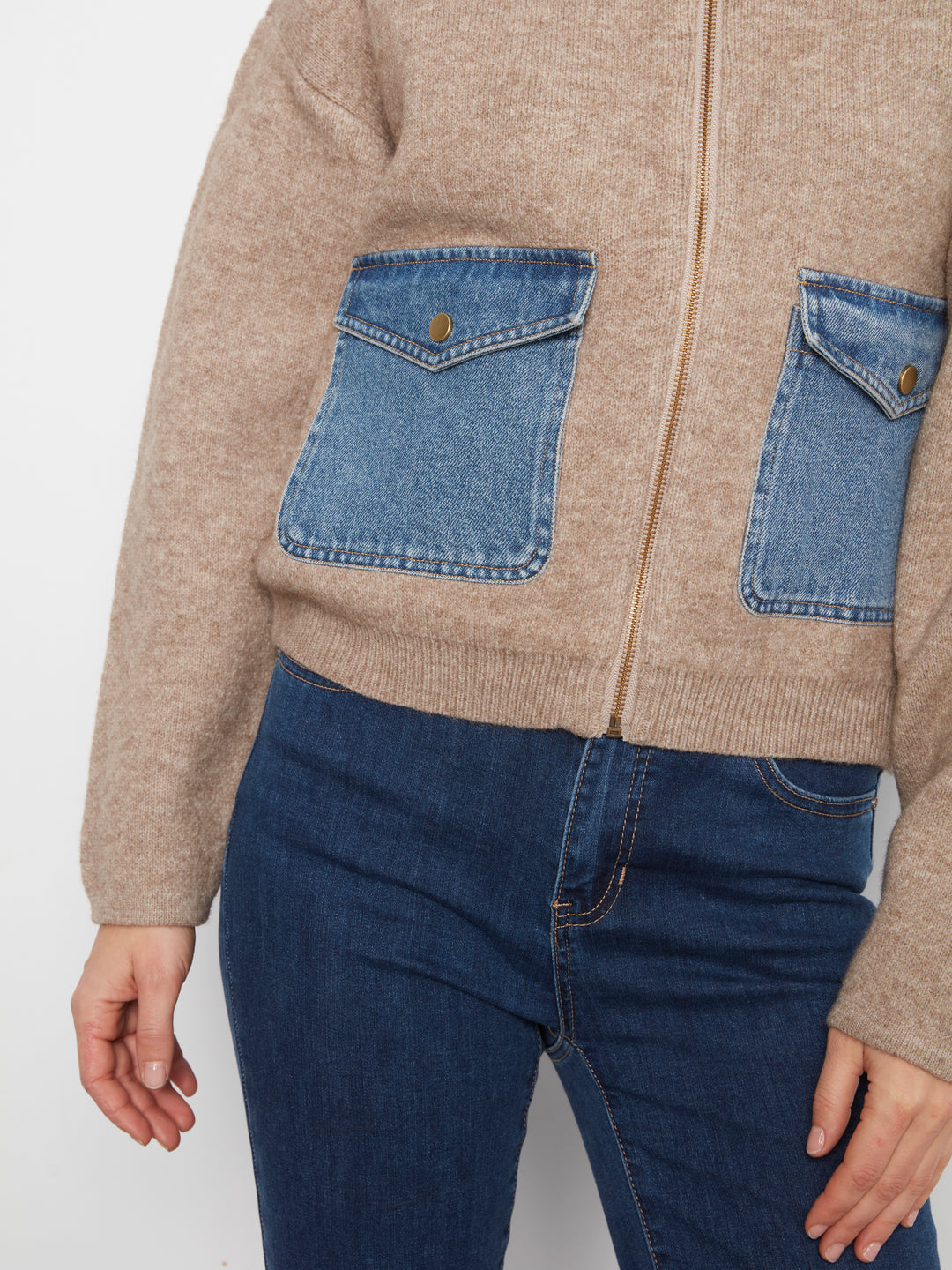 Long Sleeve Zipped Sweater Jacket With Denim Pockets & Collar