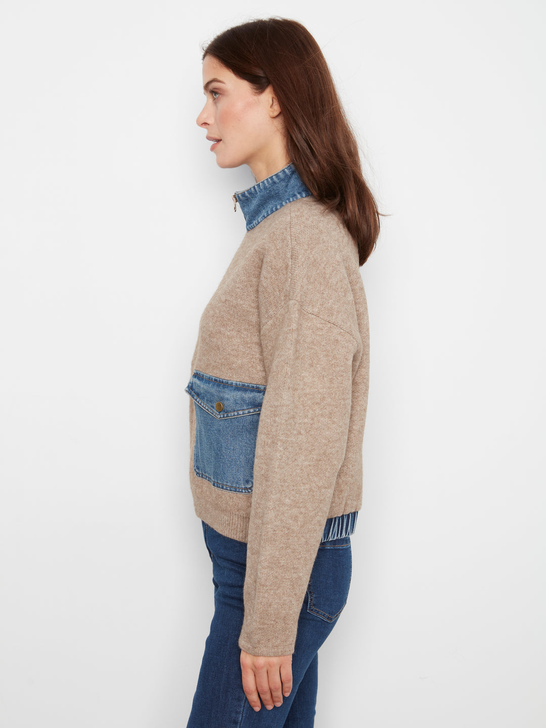 Long Sleeve Zipped Sweater Jacket With Denim Pockets & Collar