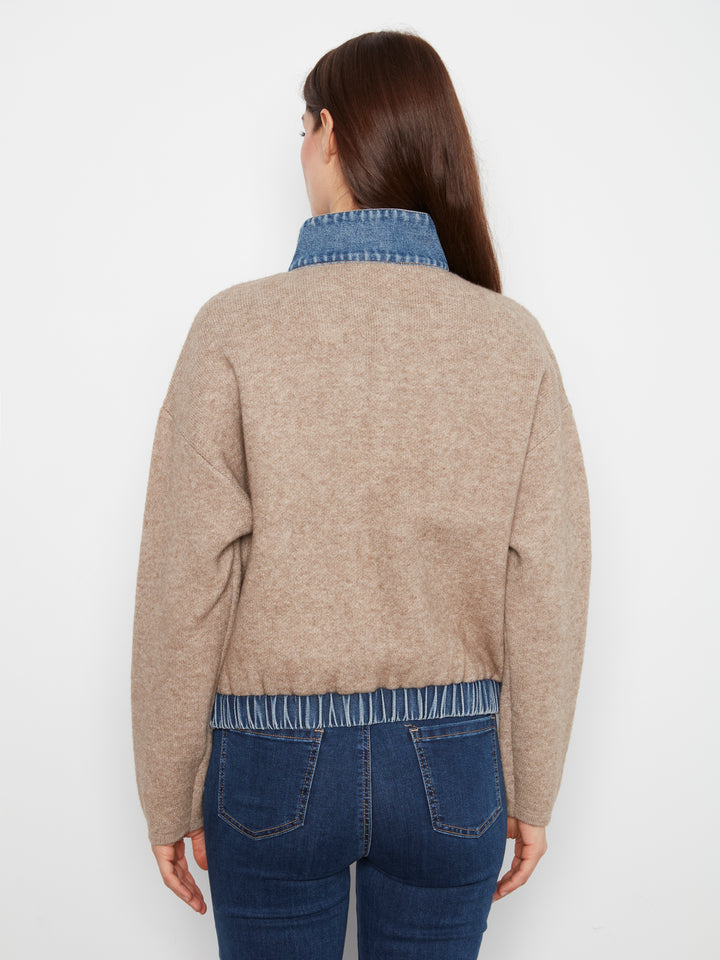 Long Sleeve Zipped Sweater Jacket With Denim Pockets & Collar