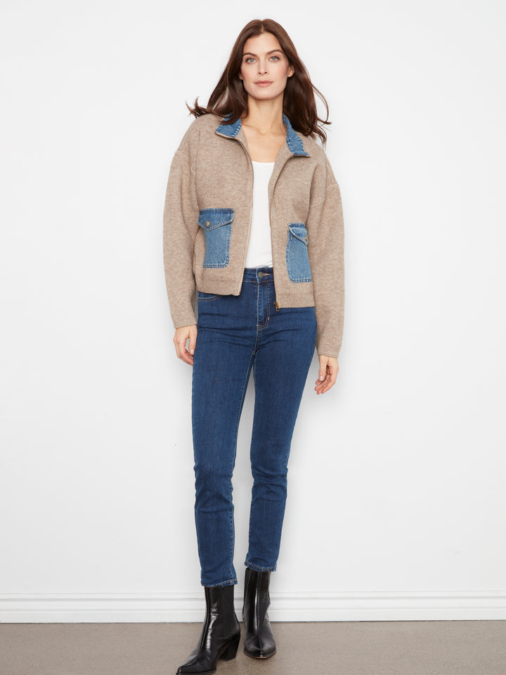 Long Sleeve Zipped Sweater Jacket With Denim Pockets & Collar